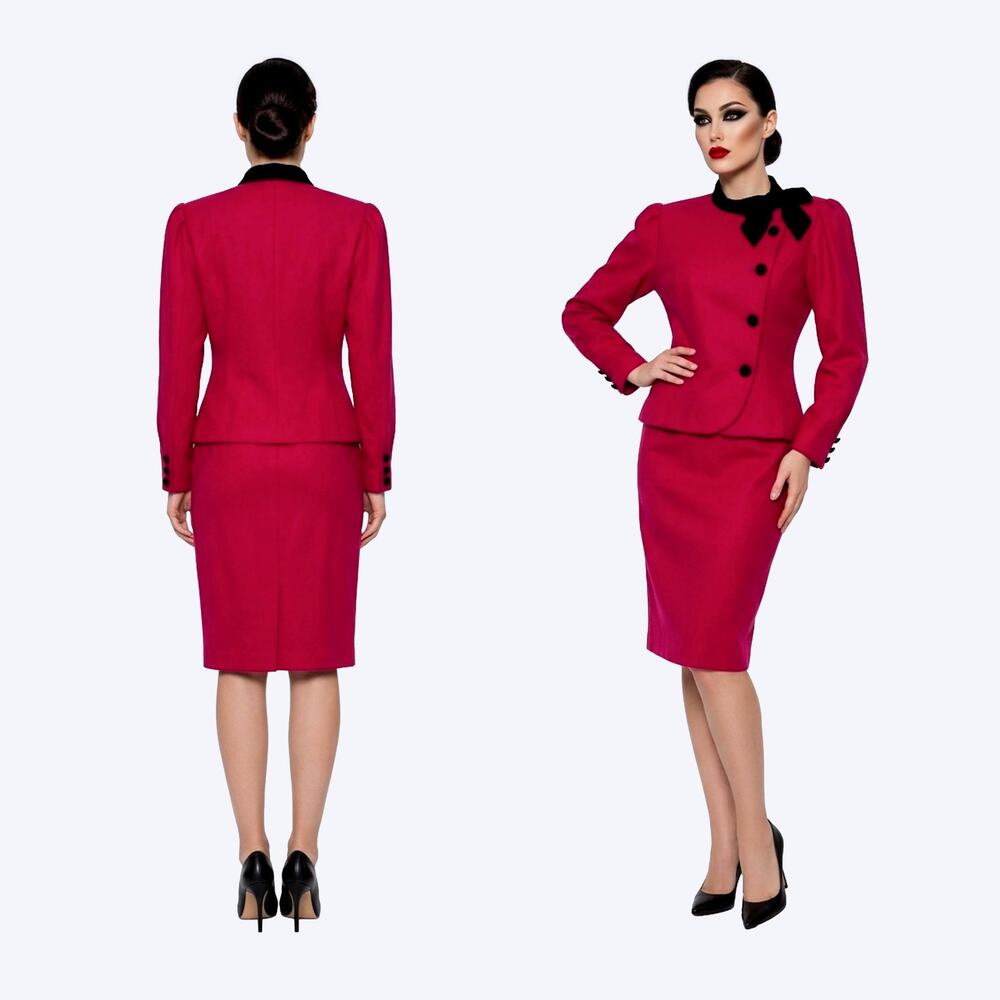 80s Albert Nipon Dark Pink Tailored Wool Skirt Suit | W 26"